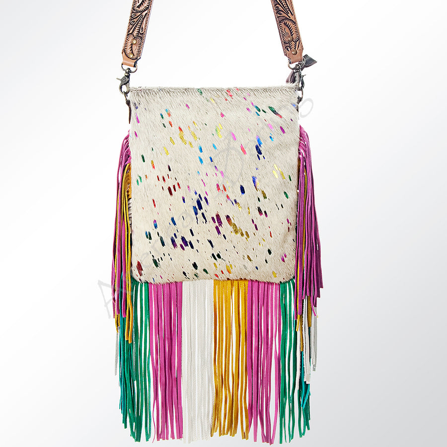 American Darling Large Cross body Bag Hair-On Cowhide Genuine Leather Western Purse with Fringes and Tooled Strap