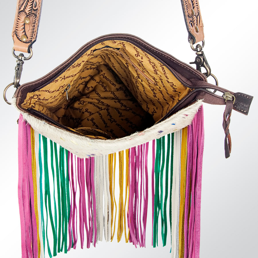 American Darling Large Cross body Bag Hair-On Cowhide Genuine Leather Western Purse with Fringes and Tooled Strap