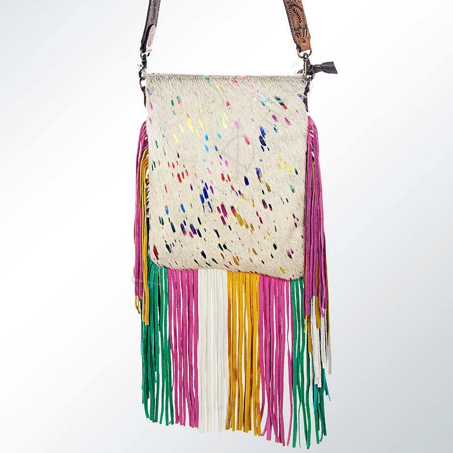 American Darling Hair-On Cowhide Western Leather Large Cross body Bag with Fringes - Uhorse