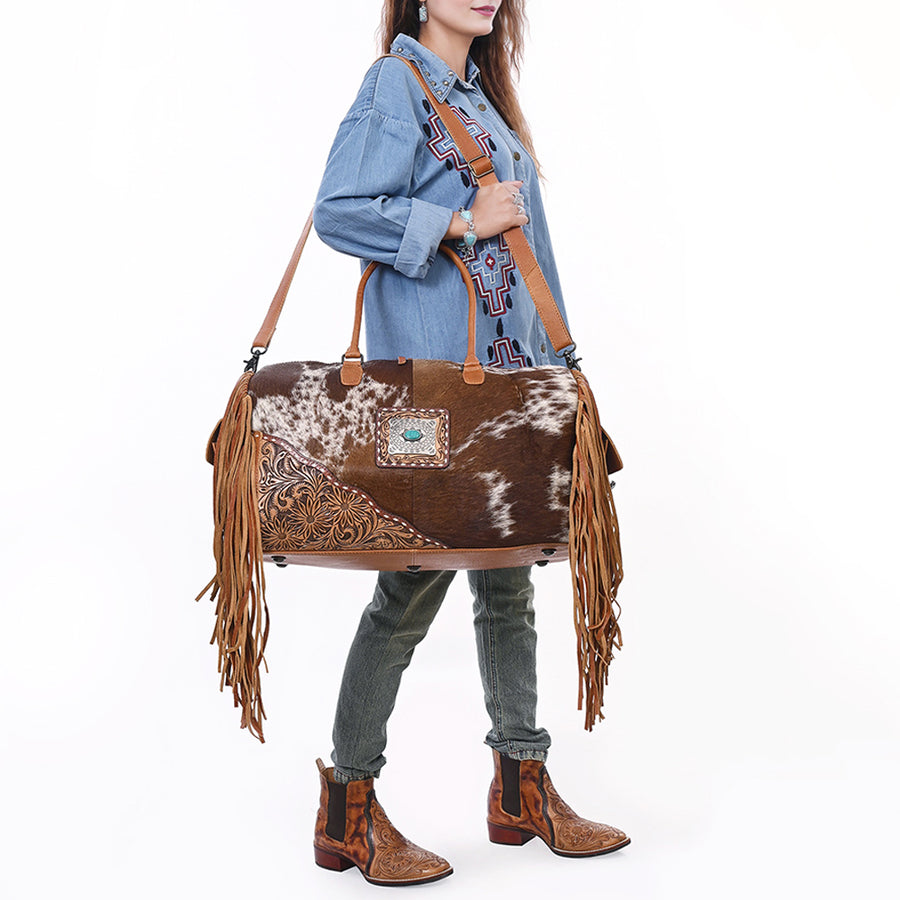 American Darling Duffel Bag Hand Tooled Floral Carved Hair-On Cowhide Genuine Leather Western Travel Bag with Fringes & YKK Zipper