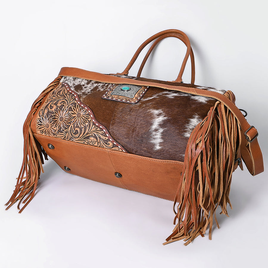 American Darling Duffel Bag Hand Tooled Floral Carved Hair-On Cowhide Genuine Leather Western Travel Bag with Fringes & YKK Zipper
