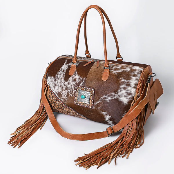 American Darling Hand Tooled Floral and Hair-On Cowhide Western Leather Duffel Bag with Fringes - Uhorse