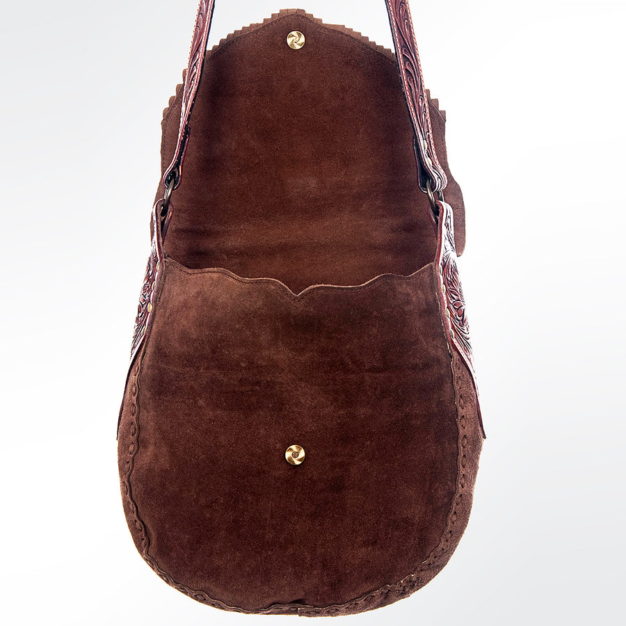 American Darling Messenger Bag, Hand Tooled Floral Carved Genuine Leather, Western Crossbody with Fringes & Turquoise Stone
