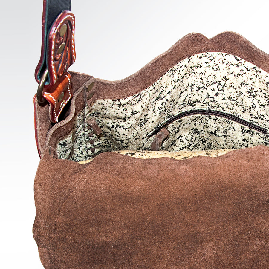 American Darling Messenger Bag, Hand Tooled Floral Carved Genuine Leather, Western Crossbody with Fringes & Turquoise Stone