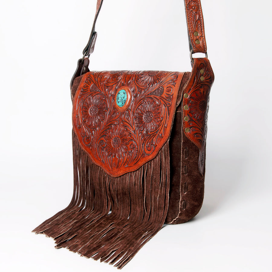 American Darling Western Leather Messenger Bag - Hand Tooled Floral Carved Purse with Fringes - Uhorse