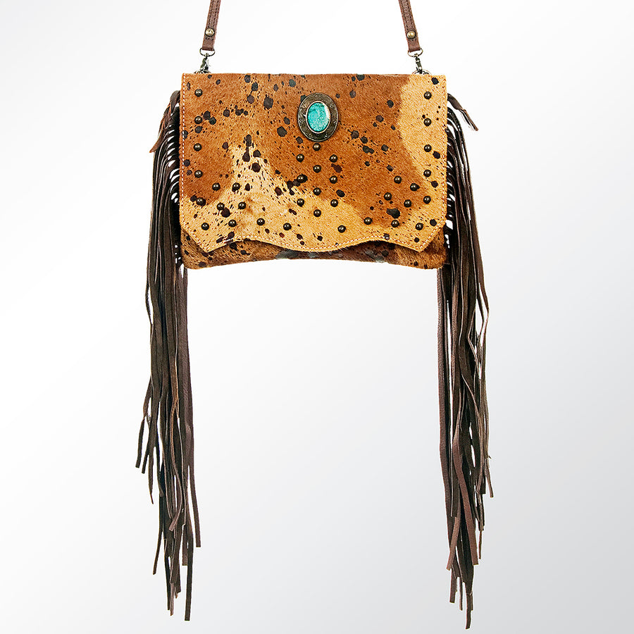 American Darling Small Cross body Bag Hair-On Cowhide Genuine Leather Western Purse with Turquoise Concho and Fringes