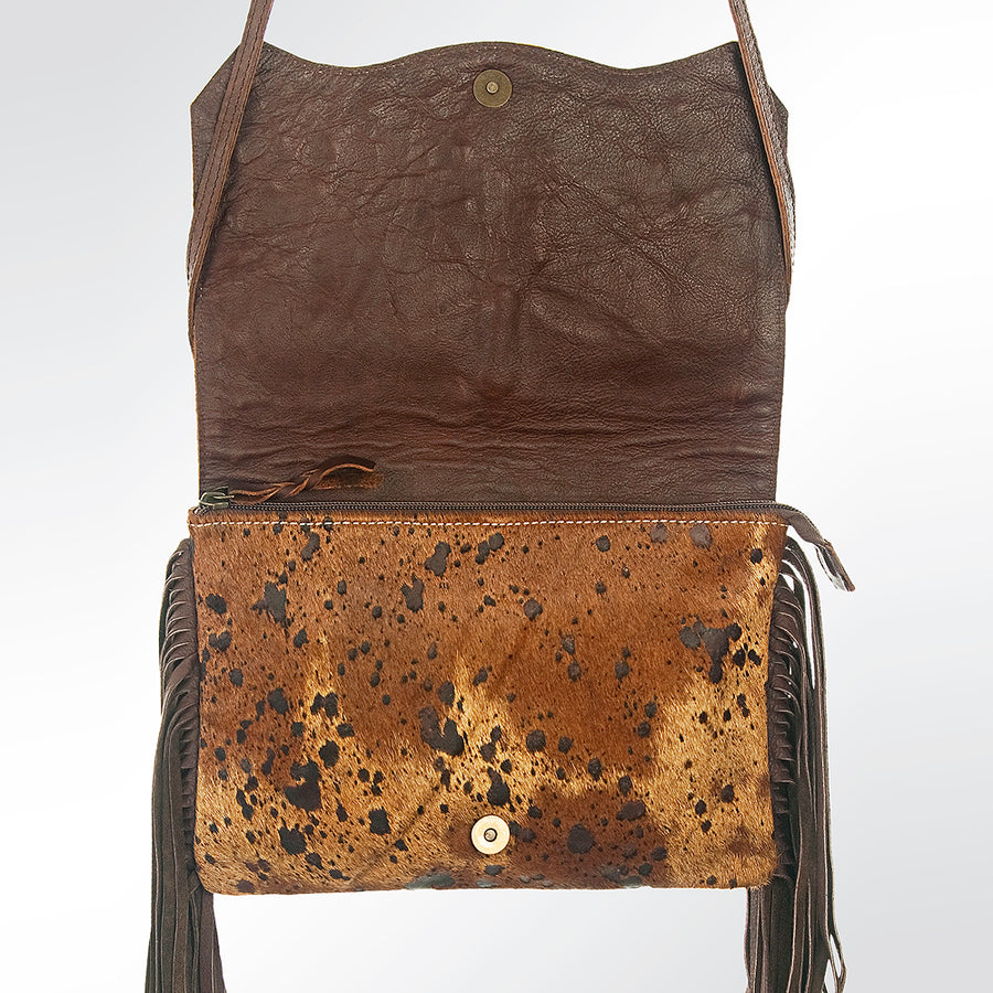American Darling Small Cross body Bag Hair-On Cowhide Genuine Leather Western Purse with Turquoise Concho and Fringes