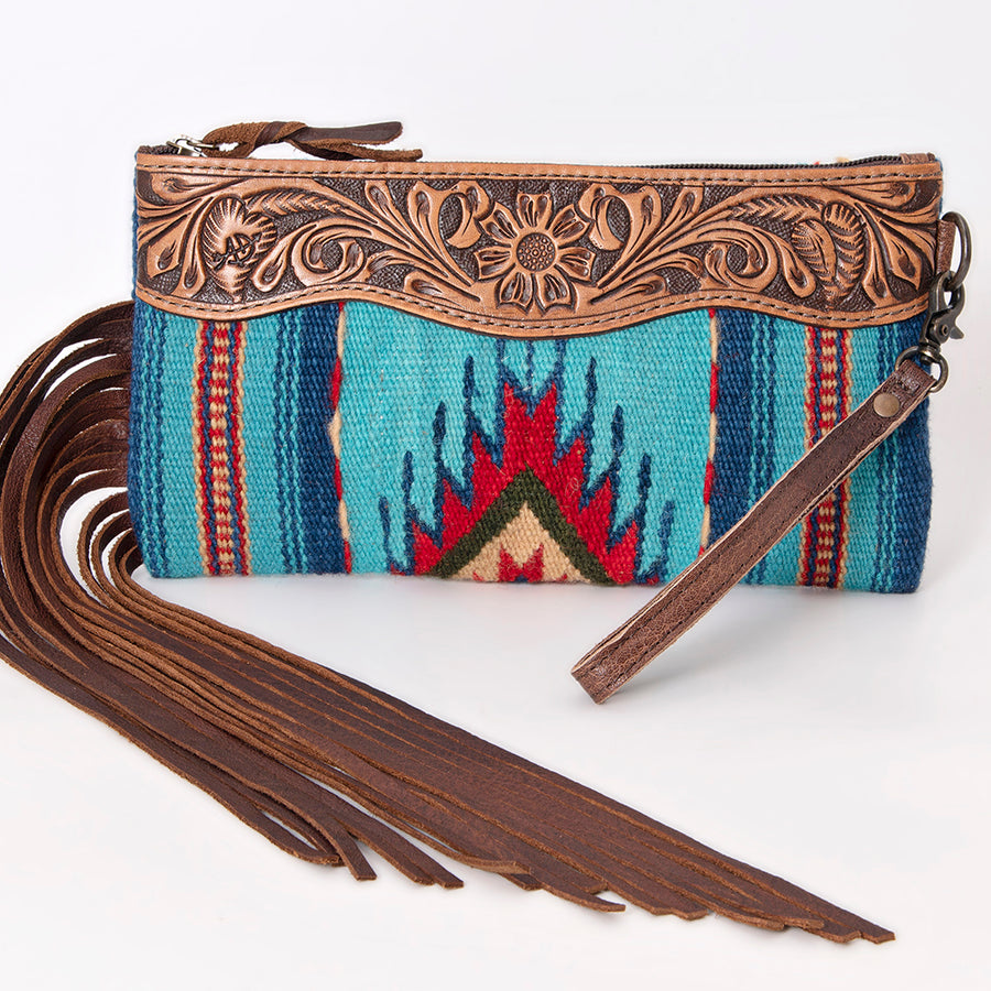 American Darling Wristlet Bag Hand Tooled Floral Carved Saddle Blanket Genuine Leather Western Purse with Fringes