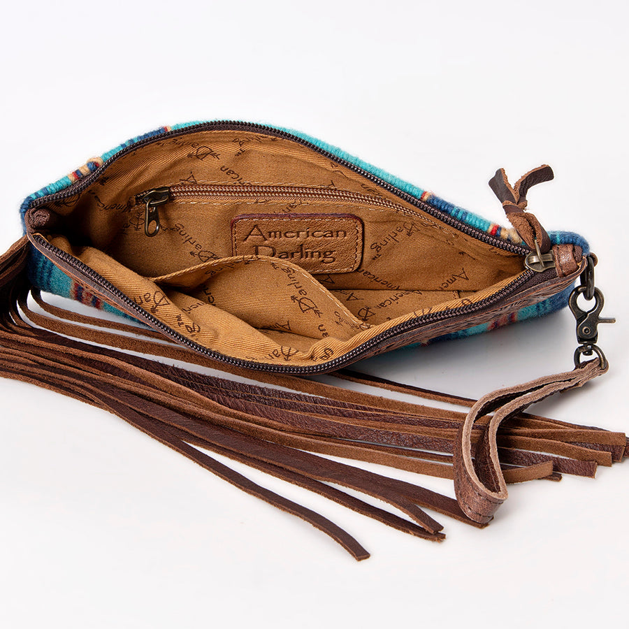 American Darling Wristlet Bag Hand Tooled Floral Carved Saddle Blanket Genuine Leather Western Purse with Fringes