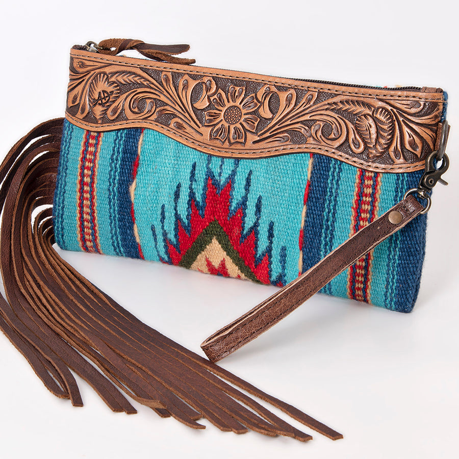 American Darling Hand Tooled Floral and Saddle Blanket Western Leather Wristlet Bag - Uhorse