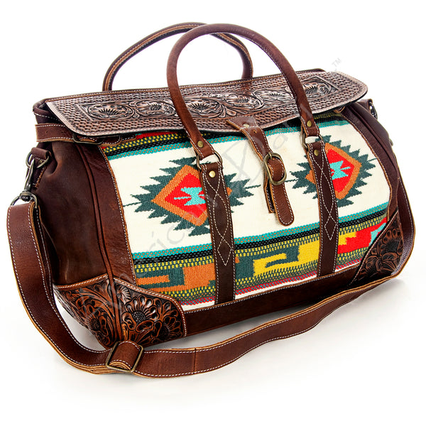 American Darling Hand Tooled Floral and Saddle Blanket Western Leather Duffel Bag - Uhorse