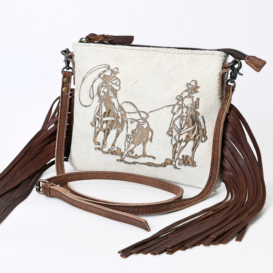 American Darling Western Leather Crossbody Bag Hair-On Cowhide and Fringe - Uhorse