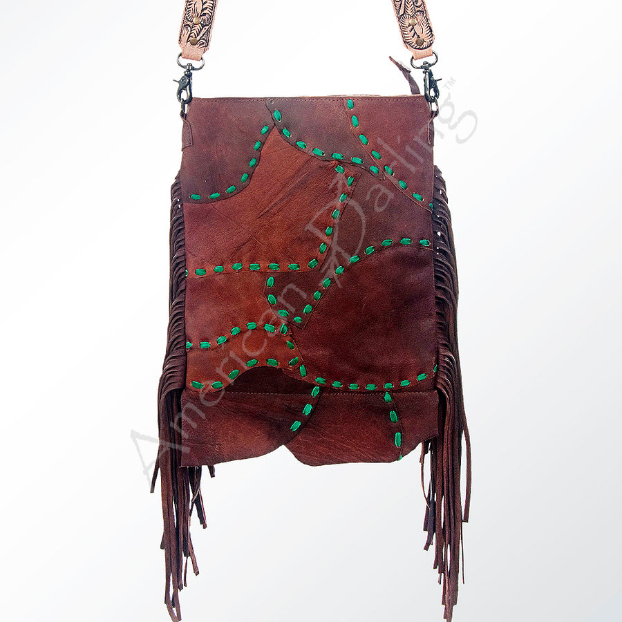 American Darling Large Cross body Bag Genuine Leather Western Purse with Fringes Buck Stitched Trim & YKK Zipper