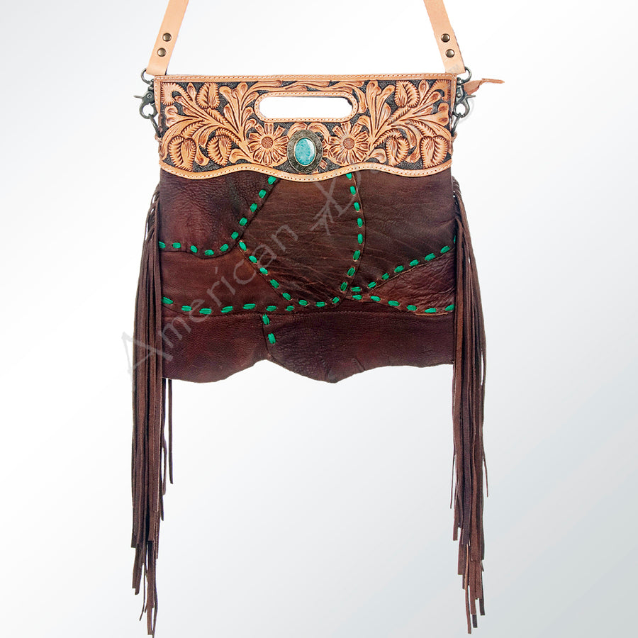 American Darling Clutch Bag Hand Tooled Floral Carved Cowhide Genuine Leather Western Bag with Fringes & YKK Zipper