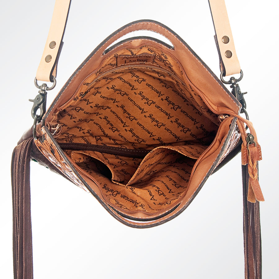 American Darling Clutch Bag Hand Tooled Floral Carved Cowhide Genuine Leather Western Bag with Fringes & YKK Zipper