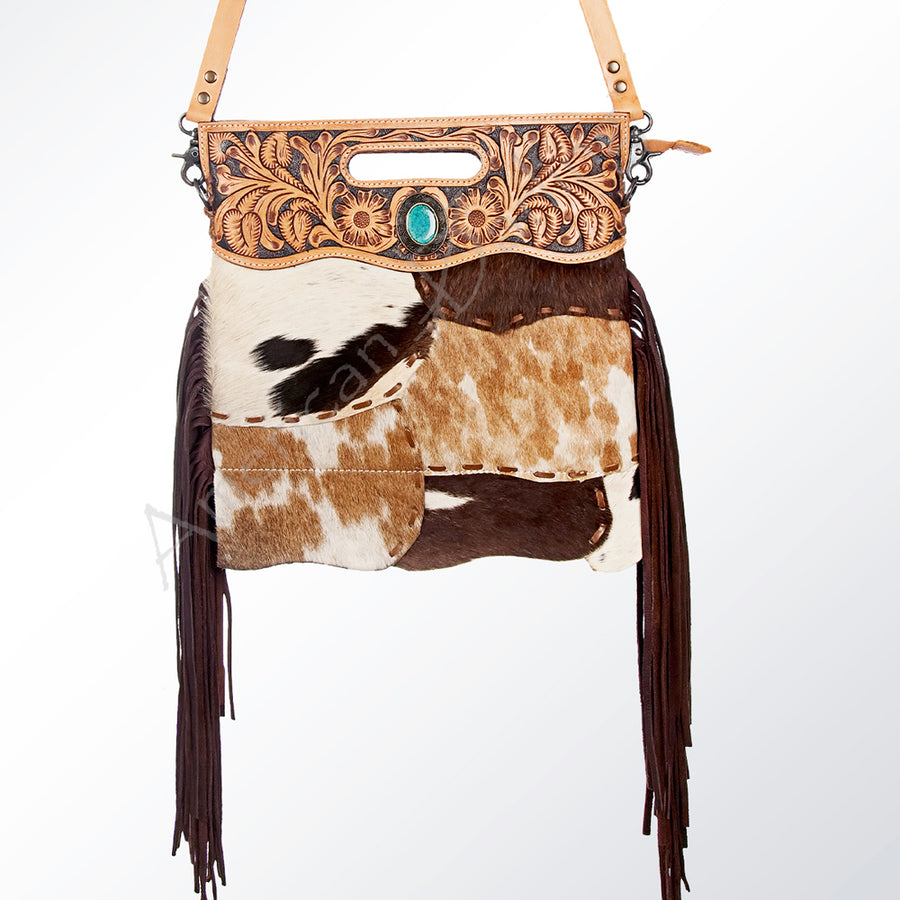 American Darling Clutch Bag Hand Tooled Floral Carved Hair-On Cowhide Genuine Leather Western Bag with Fringes & YKK Zipper