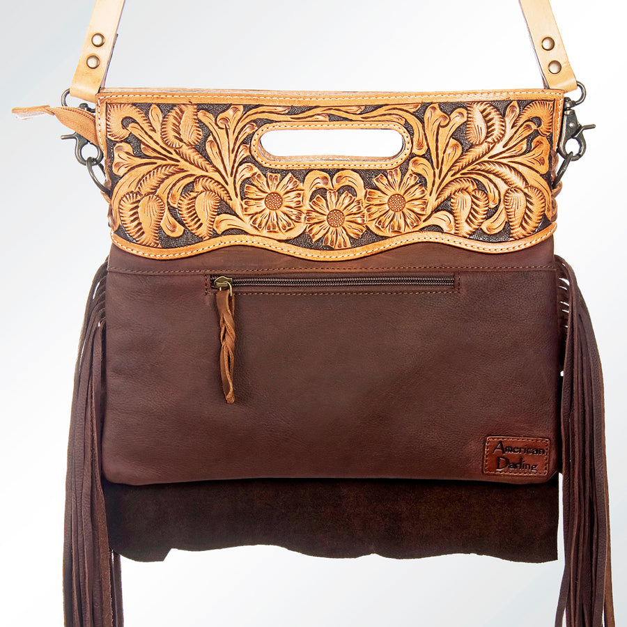 American Darling Clutch Bag Hand Tooled Floral Carved Hair-On Cowhide Genuine Leather Western Bag with Fringes & YKK Zipper