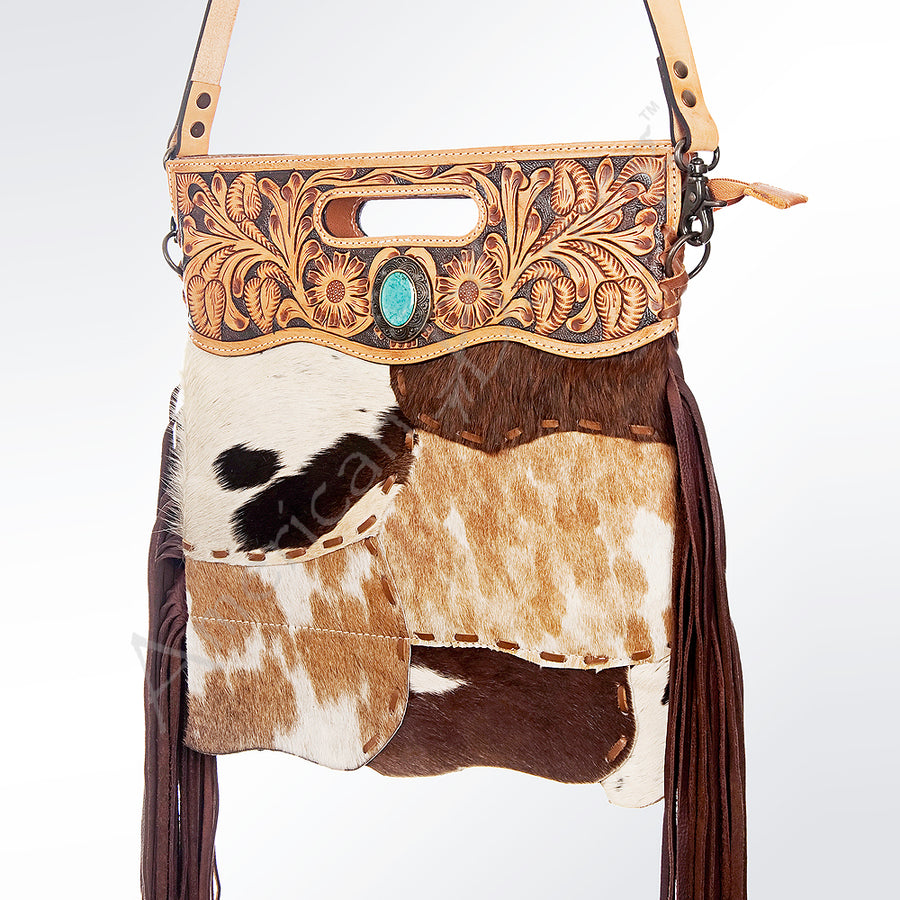 American Darling Hand Tooled Floral and Hair-On Cowhide Western Leather Clutch Bag with Fringes - Uhorse