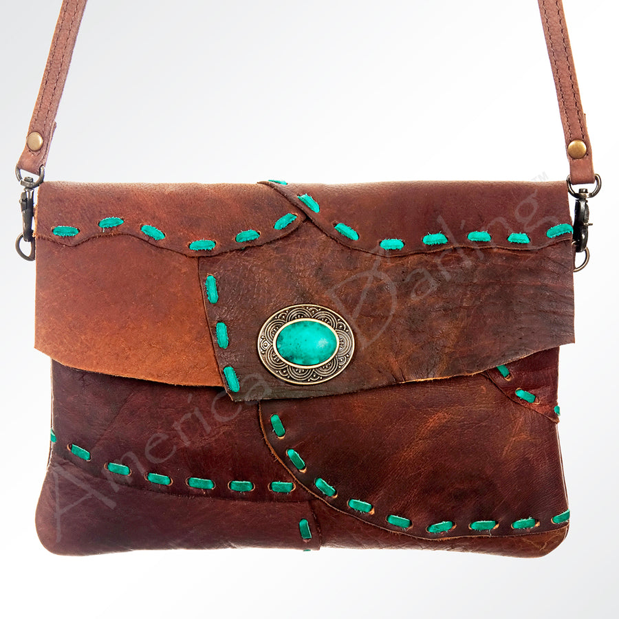 American Darling Envelope Bag Genuine Leather Western Purse with Turquoise Concho Buck Stitched Trim & YKK Zipper
