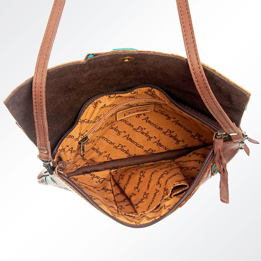 American Darling Envelope Bag Genuine Leather Western Purse with Turquoise Concho Buck Stitched Trim & YKK Zipper