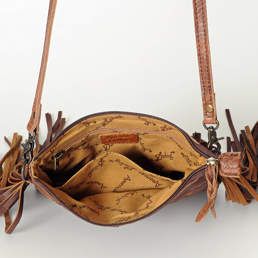 American Darling Cross body Bag Genuine Leather Western Purse with Fringes Buck Stitched Trim and YKK Zipper