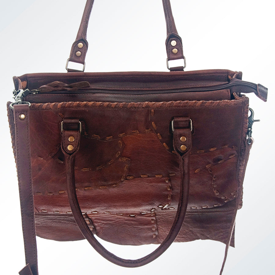 American Darling Tote Bag Genuine Leather Western Purse with Buck Stitched Patchwork Braided Trim and YKK Zipper