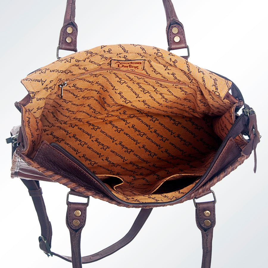 American Darling Tote Bag Genuine Leather Western Purse with Buck Stitched Patchwork Braided Trim and YKK Zipper