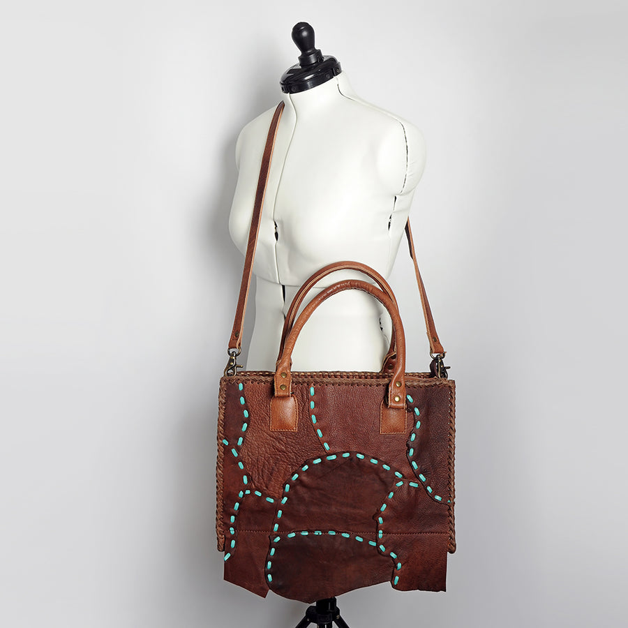 American Darling Tote Bag Genuine Leather Western Purse with Buck Stitched Patchwork Braided Trim and YKK Zipper