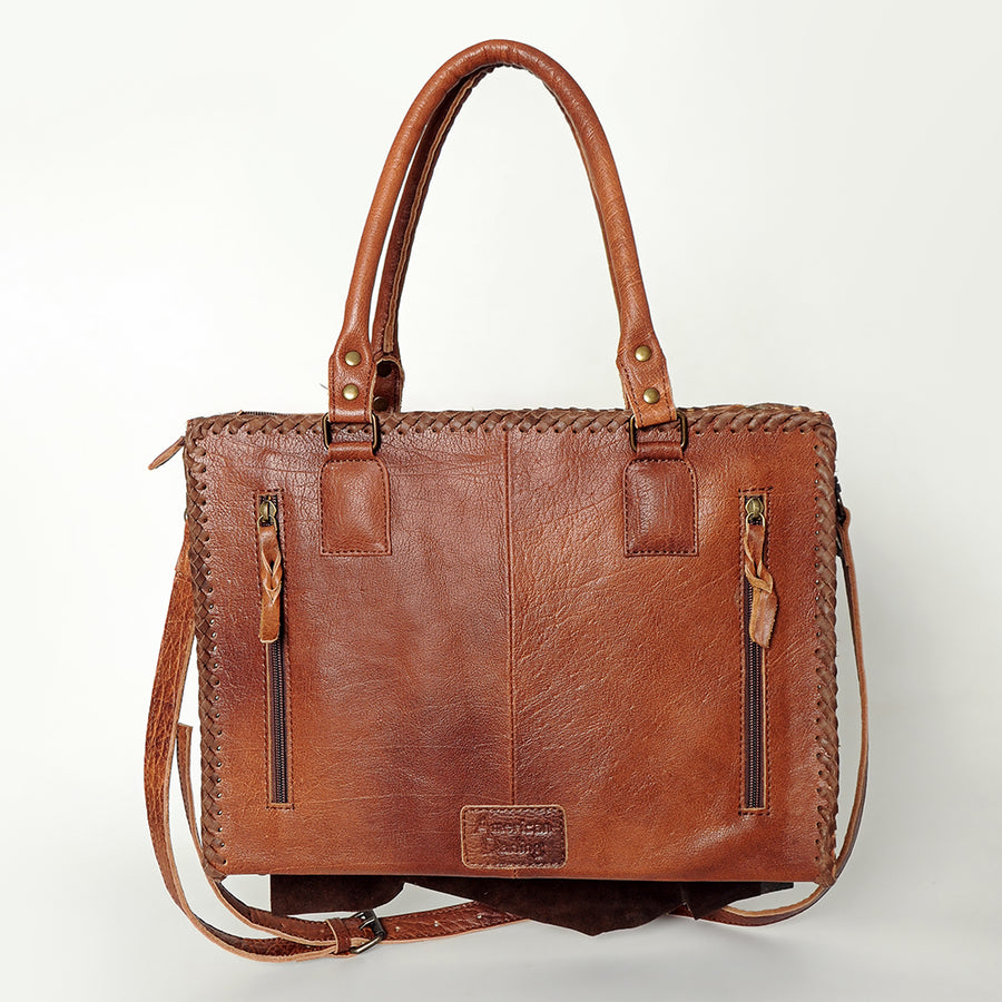 American Darling Tote Bag Genuine Leather Western Purse with Buck Stitched Patchwork Braided Trim and YKK Zipper