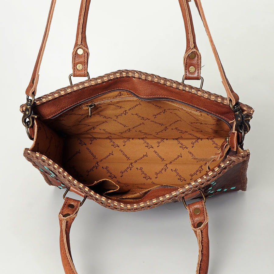 American Darling Tote Bag Genuine Leather Western Purse with Buck Stitched Patchwork Braided Trim and YKK Zipper