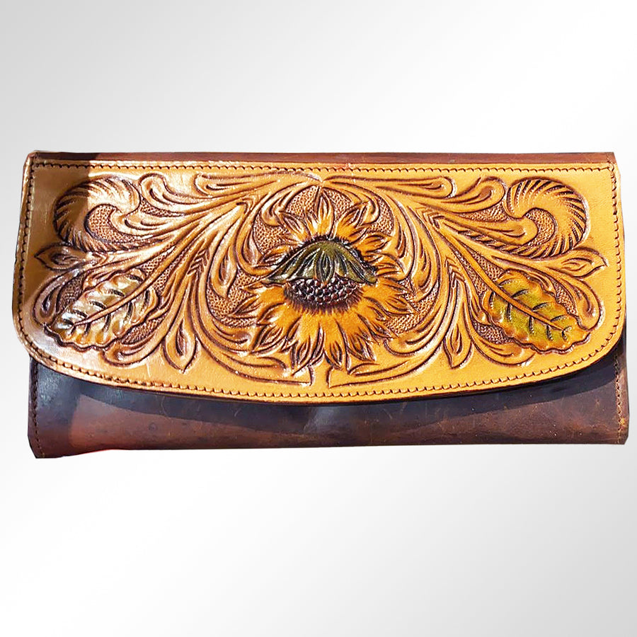 American Darling Hand Tooled Sunflower Wallet - Western Leather Floral Carved Clutch - Uhorse