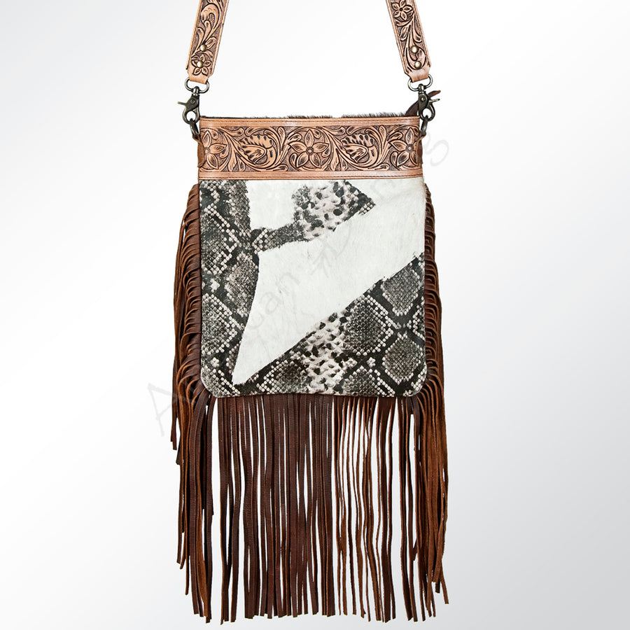 American Darling Large Cross body Bag Hand Tooled Floral Carved Cowhide Genuine Leather Western Purse with Fringes