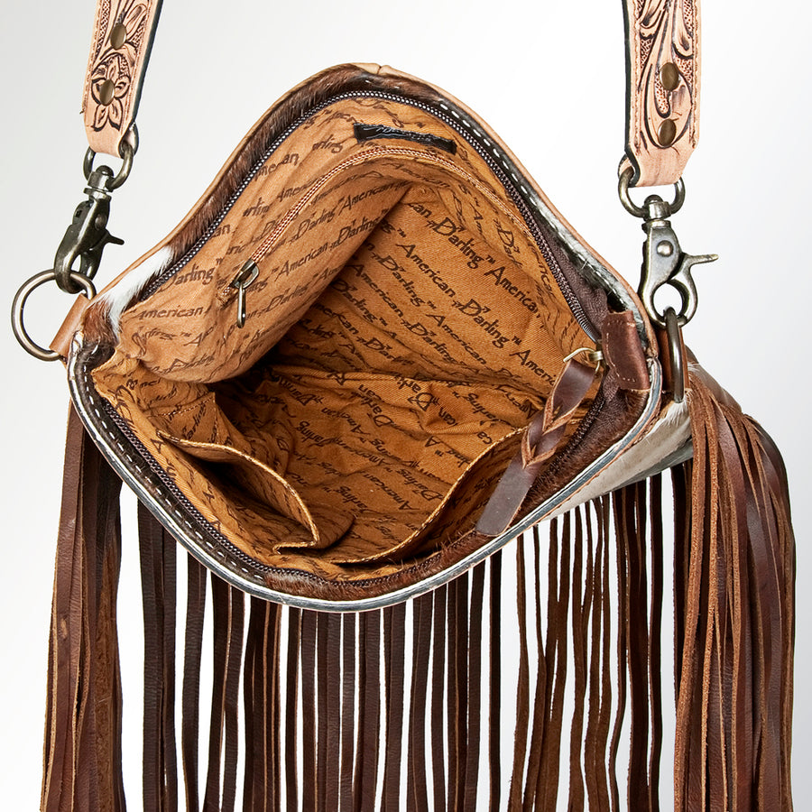 American Darling Large Cross body Bag Hand Tooled Floral Carved Cowhide Genuine Leather Western Purse with Fringes