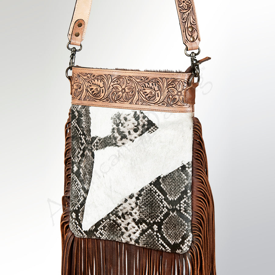 American Darling Hand Tooled Floral and Hair-On Cowhide Western Large Cross body Bag - Uhorse
