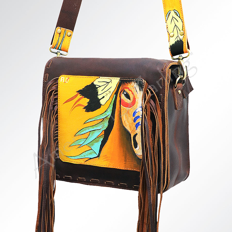American Darling Hand Tooled Cross body Bag - Fringed Western Leather Purse - Uhorse