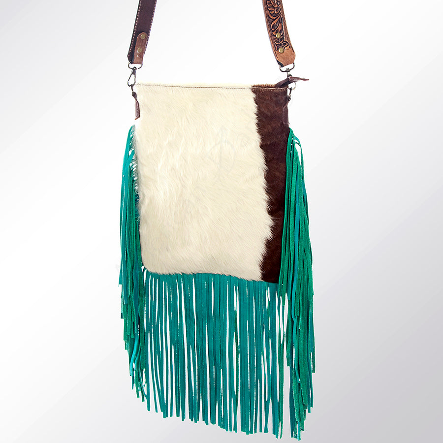 American Darling Hand Tooled Floral Carved Strap Large Cross body Bag Hair-On Cowhide Western Fringed Purse - Uhorse