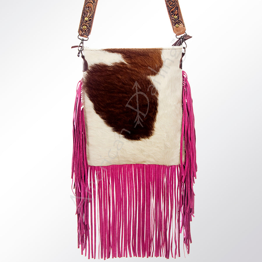 American Darling Large Cross body Bag, Hand Tooled Floral Carved Strap Vegetable-Tanned Leather, Hair-On Cowhide Western Fringed Bag