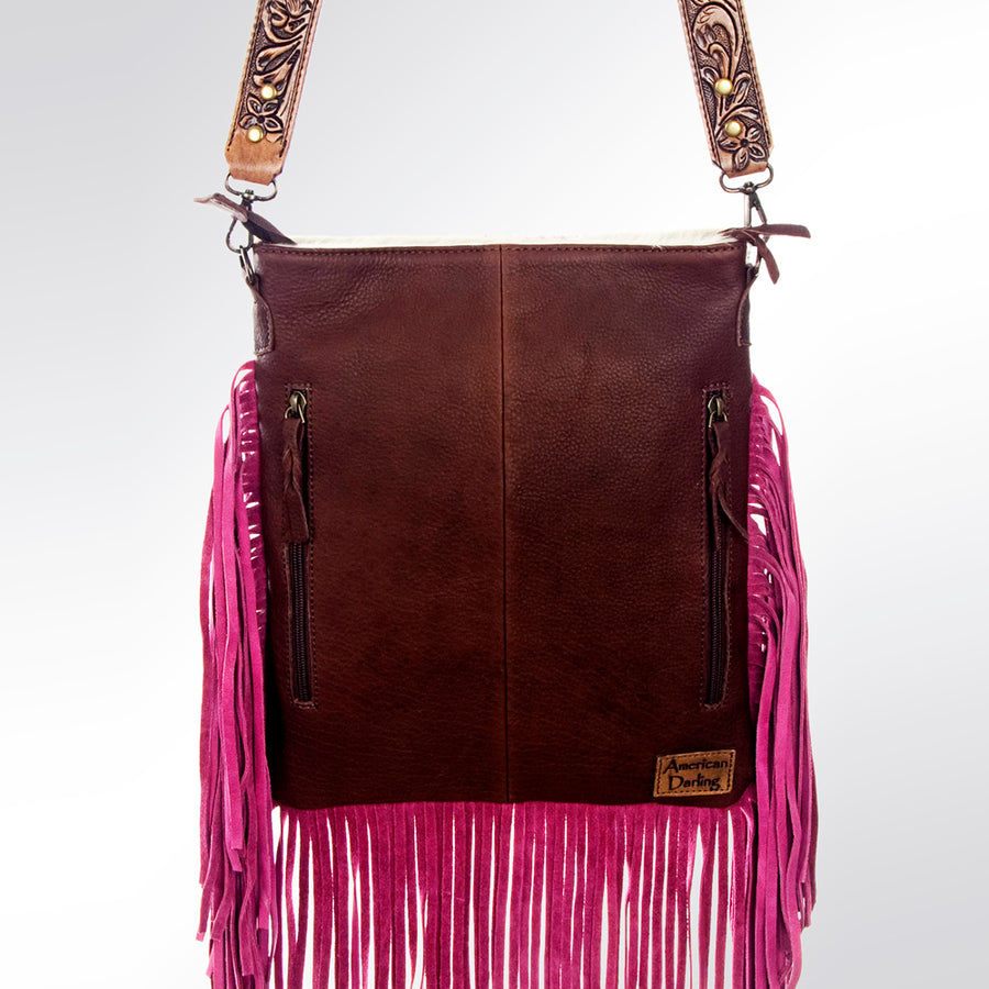 American Darling Large Cross body Bag, Hand Tooled Floral Carved Strap Vegetable-Tanned Leather, Hair-On Cowhide Western Fringed Bag