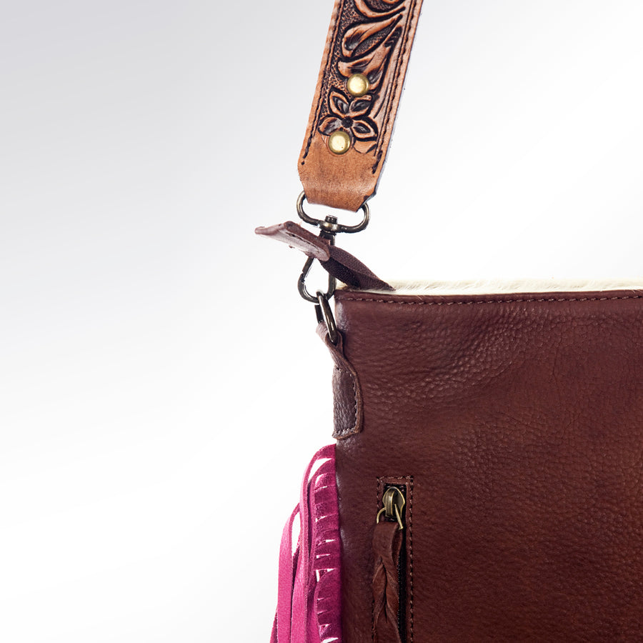 American Darling Large Cross body Bag, Hand Tooled Floral Carved Strap Vegetable-Tanned Leather, Hair-On Cowhide Western Fringed Bag