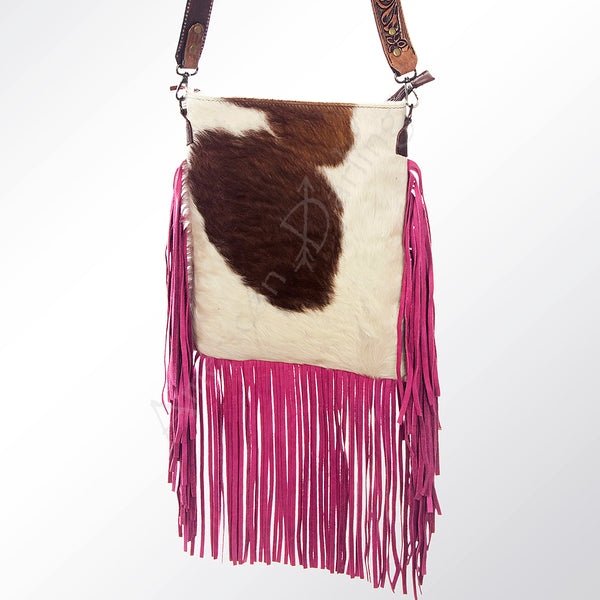 American Darling Hand Tooled Floral Carved Strap Large Cross body Bag Hair-On Cowhide Western Fringed Purse - Uhorse