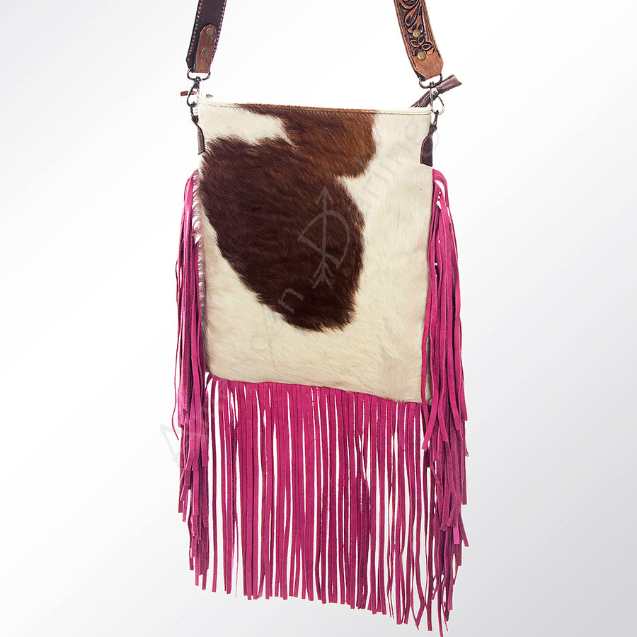 American Darling Hand Tooled Floral Carved Strap Large Cross body Bag Hair-On Cowhide Western Fringed Purse - Uhorse