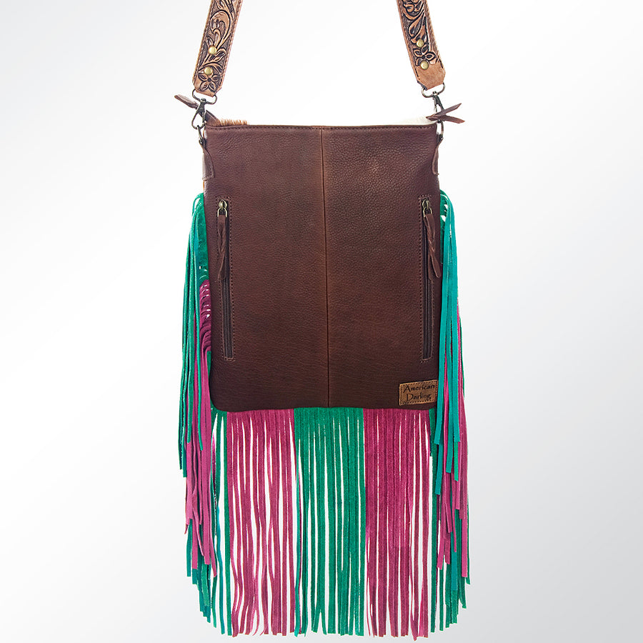 American Darling Large Cross body Bag, Hand Tooled Floral Carved Strap Vegetable-Tanned Leather, Hair-On Cowhide Western Fringed Bag