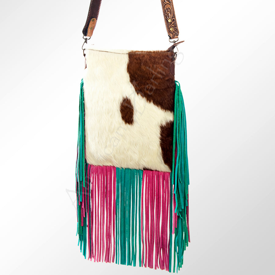 American Darling Hand Tooled Floral Carved Strap Large Cross body Bag Hair-On Cowhide Western Fringed Purse - Uhorse