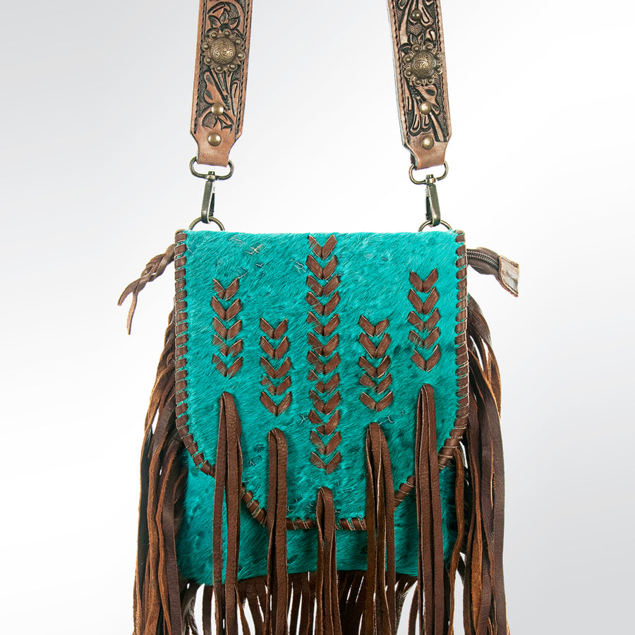 American Darling Cross body Bag, Hand Tooled Floral Carved Strap Vegetable-Tanned Leather, Hair-On Cowhide Western Fringed Bag