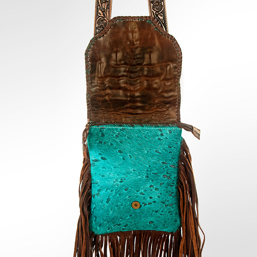 American Darling Cross body Bag, Hand Tooled Floral Carved Strap Vegetable-Tanned Leather, Hair-On Cowhide Western Fringed Bag