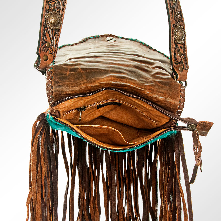 American Darling Cross body Bag, Hand Tooled Floral Carved Strap Vegetable-Tanned Leather, Hair-On Cowhide Western Fringed Bag