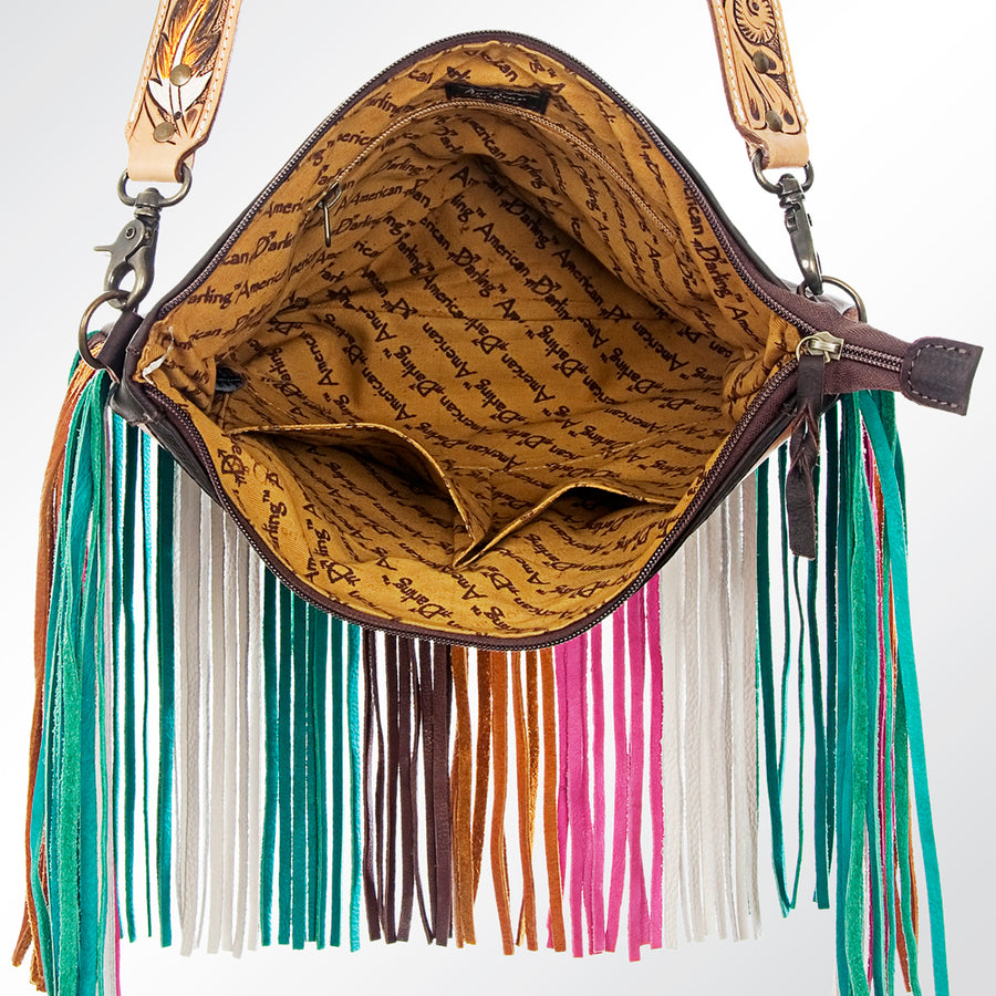 American Darling Cross body Bag Hand-Tooled Floral Genuine Leather Western Purse with Fringes and YKK Zipper for Women