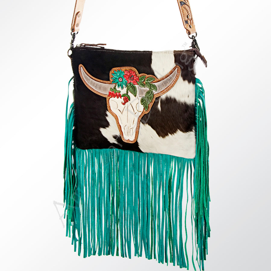 American Darling Hand Tooled Floral and Hair-On Cowhide Western Cross body Bag - Uhorse