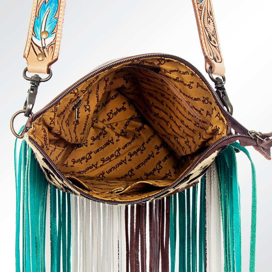 American Darling Cross body Bag Hand Tooled Floral Carved Cowhide Genuine Leather Western Purse with Fringes & YKK Zipper