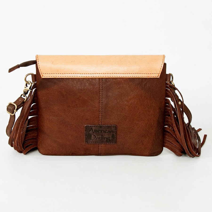 American Darling Western Envelope Bag, Hand Tooled Floral Leather & Hair-On Cowhide Crossbody with Fringes, 8in (H) X 11in (W)